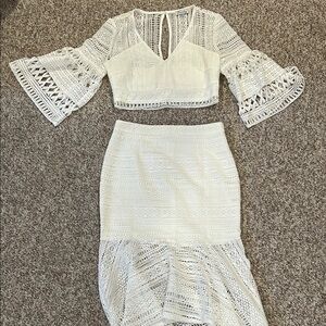 Two Sisters White Lace Crop Top Skirt Set in White
